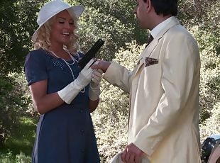 Erotic sex on a picnic with a blonde in a vintage dress
