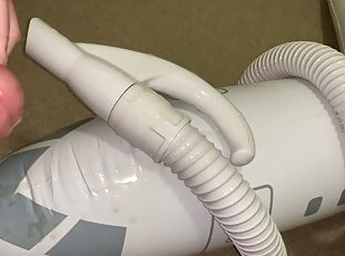 Small penis shoots cum on an inflatable plane and into a vacuum cleaner hose - cumming on my lovers