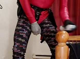Self Bondage in Leather Fist Mitts, Lycra Body Suit, Tights, PVC Knee High Boots, Gagged in Chastity