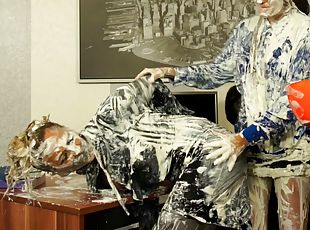 Angry boss punishes every one in the office applying cream on them,what a messy scene