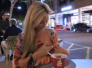 Striptease in a public bathroom from a hot blonde chick