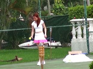 Redhead Melody Jordan plays tennis and then gets rammed