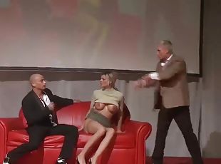 Hot threesome porn orgy on european public sexfair show stage