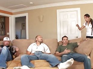 Amber Rayne gets her asshole slammed doggy style in a gangbang