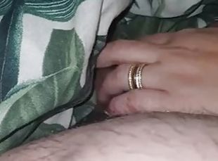 Step mom hand slip under blanket touching step son dick and handjob him
