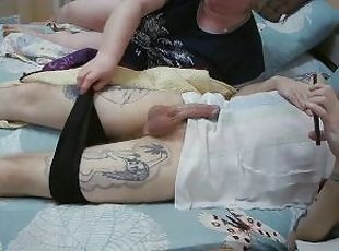 mother-in-law jerks off my dick and watches the sperm flow from the penis