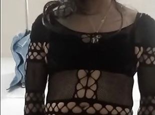 Cute Colombian crossdresser in sexy lingerie puts a dildo in her ass, masturbates and cums