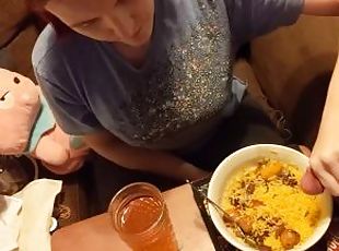 Cute slut eats cum on her food