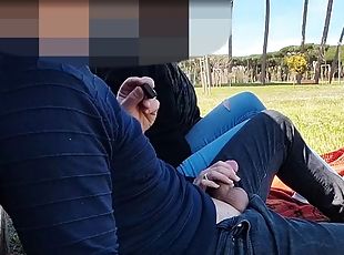 French teacher amateur handjob in public park to student with cumshot - MissCreamy