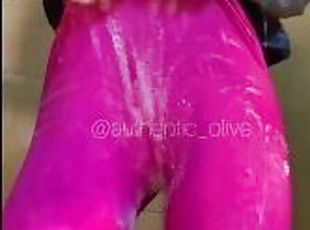 Showering in hot pink leggings and leg warmers - extra bubbles - wetlook