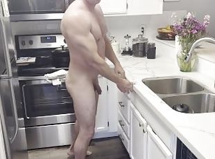 masturbação, gozando, cozinha, musculado, branco, pénis