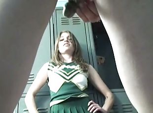 Naughty cheerleader gives a handjob in the locker room