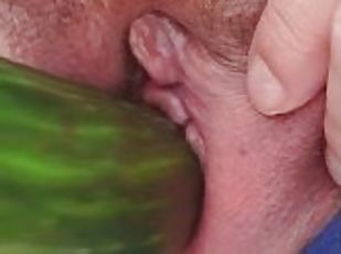 Food Fetish - Horny MILF slides HUGE CUCUMBER into wet Pussy - Sex with fruit