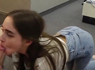 Girl On Her Knees Made Russian Blowjob And Takes The Cum