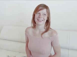 Cute freckled redhead teen has orgasms during POV casting