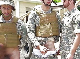 Army studs swap blowjobs before outdoor interracial