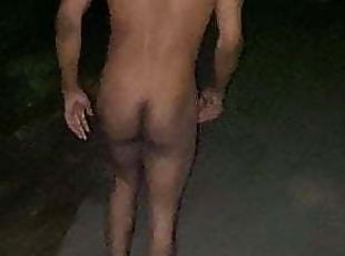 Married Twink Stripping naked outside at night 