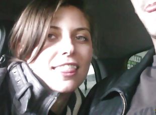 Kinky babe with long dark hair sucking a stranger's cock in his car