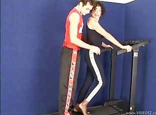 Hot cougar with a hairy pussy enjoying a hardcore fuck in the gym