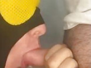 Masked cocksucker sucks straight guy on lunch break and gets a big facial