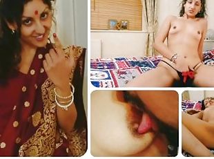 Young beautiful indian housewife strips from saree, plays with bald pussy and gets nipples licked