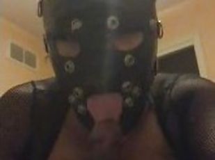 Submissive leather mask wearing slave drooling gagging all over a bbc