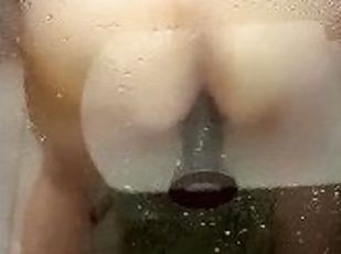 Tried banging my sissy ass into BBC dildo against the shower glass