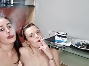 2 Sluts smoking cigarettes with cum facials after sucking and jerking off one cock