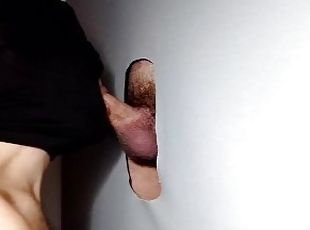 Big muscular guy, heavily loaded with cum comes to gloryhole for the first time