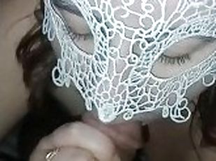 Cum in the mouth of a whore's wife in a sexy white mask, cum in the mouth with a large amount of spe