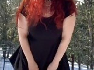 Thick goth redhead flashing in snow