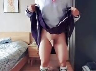 asiatisk, amatør, cumshot, homofil, japansk, strømper-stockings, cum, fetisj, alene, uniform