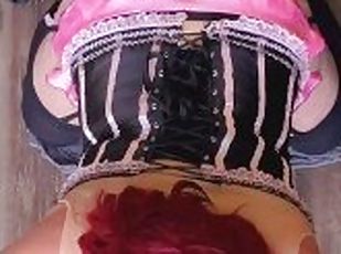 Sissy Slut in Corset & Stockings Deep Throats Huge Dildo While Fucking Machine Pounds Her Ass