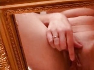 Horny white girl squirts piss & cum on the mirror