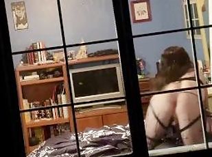 Goth Tranny Strips in front of Her Window