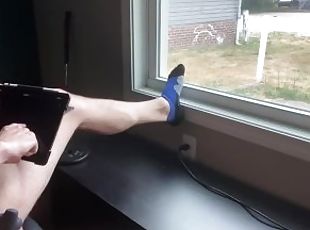 Watching baby play with her pussy for daddy in front of an open window CAUGHT HUGE cumshot
