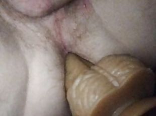 Fucking myself with my 5 inch dildo and jerking off until I cum and lick it off my hand