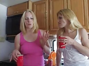 Two depraved blondes fuck hard with a group of guys in a camping