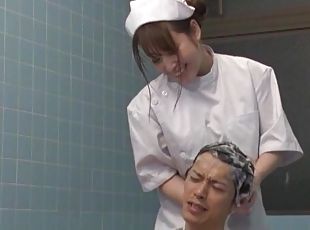 bañando, enfermera, japonés, pareja, uniforme, penetración