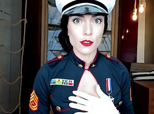 Seductive Marine babe in uniform shows her big fake tits topless