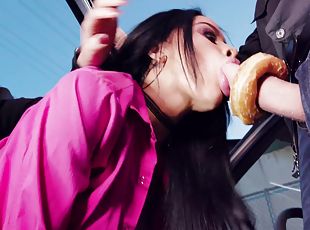 Excited trio makes threesome sex in the car outdoors