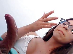 Shemale in glasses jerking off and cum in own mouth