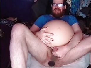 pregnant daddy pushing out another baby, struggling and cumming hard