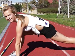 Javelin thrower plays with her natural tits and pussy in locker room