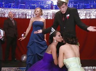 Prom king fucks two sexy brunettes in a hot threesome