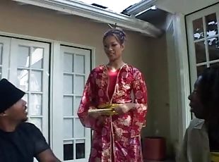 Hot Asian girl gets fucked by Black guys in the backyard