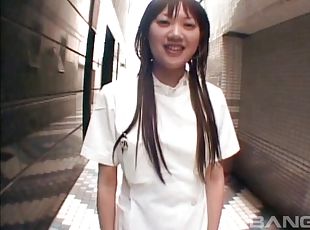 Long haired Japanese nurse takes a big cock deep in her hairy twat