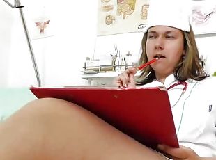Chubby nurse toying her wet snatch and her asshole