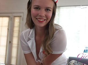 Teen in sexy nurse uniform handles man's heavy dick like a pro