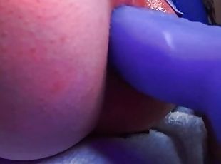 Girl in blue suit Gaping her ass with big dildo  Close up